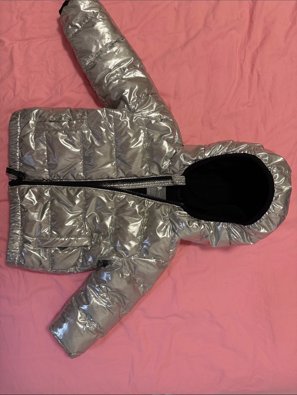 Primary Shiny Silver Hooded Puffer Jacket for Kids